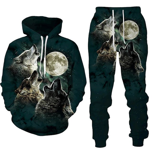 Design Wolf Moon Print Hoodie and Sweatpants Set Multicolor