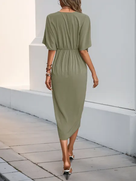 Design Wrap Front V-Neck Midi Dress Burgundy - 25
