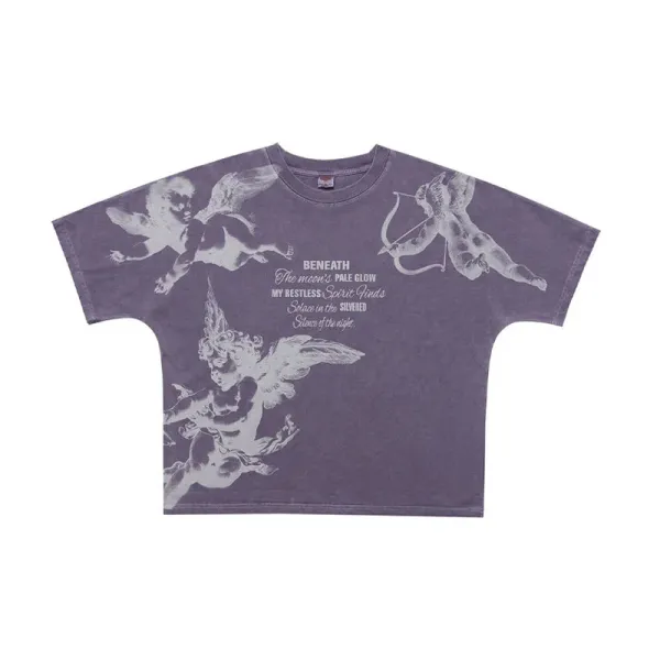 Design Cherub Print Distressed Purple T-Shirt - 1