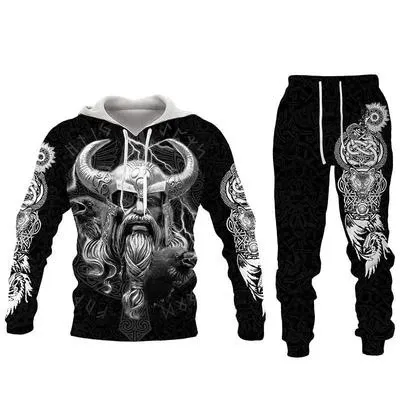 Design Viking Skull Hoodie and Sweatpants Set Black Multicolor - 1