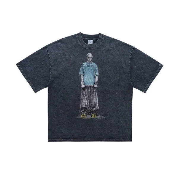 Design Graphic Print Acid Wash Denim T-Shirt - 1