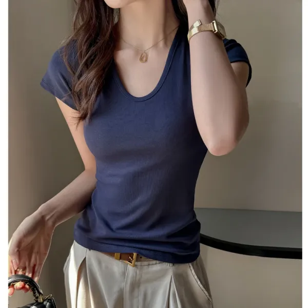 Design V-Neck Ribbed T-Shirt Navy Tops.t Shirts - 1