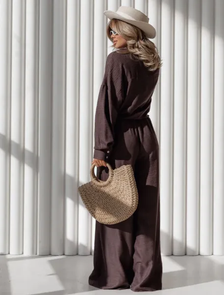 Design Wide-Leg Linen Blend Pant Set in Taupe with Woven Tote Bag - 26