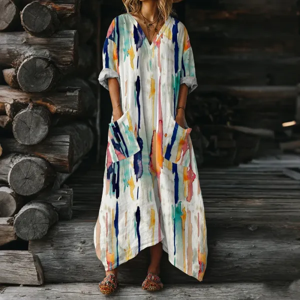 Design Watercolor Print V-Neck Maxi Dress Multicolor - 1