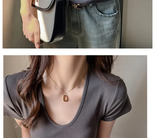Design V-Neck Ribbed T-Shirt Beige T-Shirt - 17