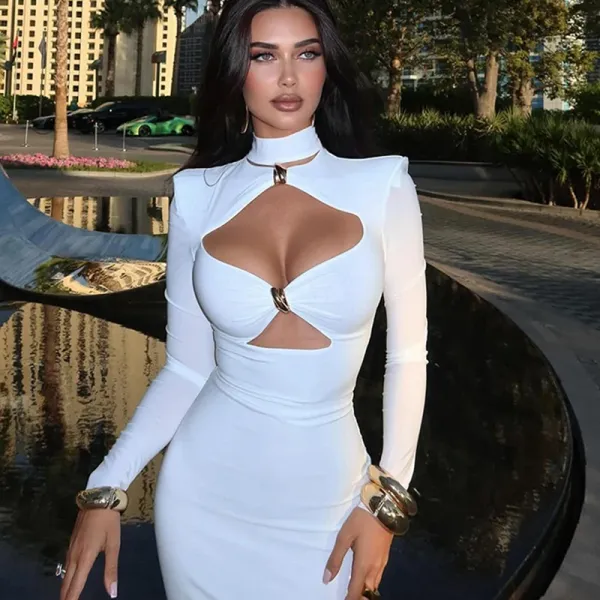 Design Cutout Neck Long Sleeve White Bodycon Dress - 7