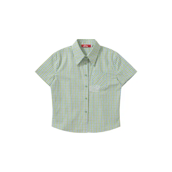 Design Short-Sleeve Gingham Shirt in Mint Green and Light Blue Tops Shirt - 1