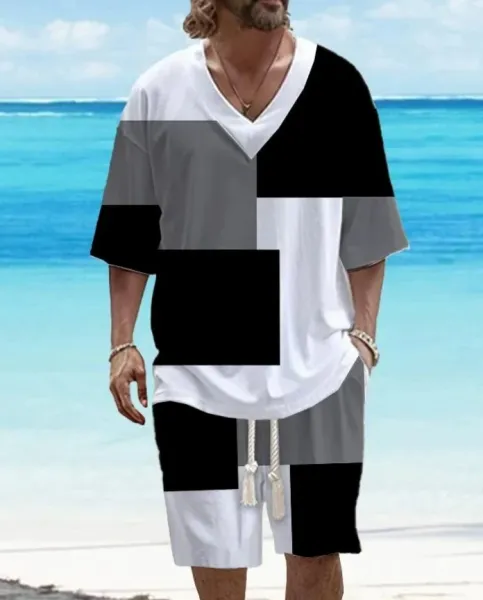 Design Color-Block V-Neck T-Shirt and Shorts Set White Black Gray - 1