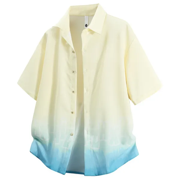 Design Oversized Short-Sleeve Button-Up Shirt with Gradient Dip-Dye Hem Tops Shirt - 1