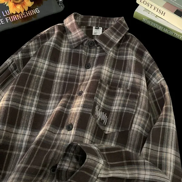 Design Flannel Shirt Brown Gray Plaid Shirt - 1