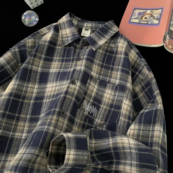 Design Flannel Shirt Navy Beige Plaid Shirt - 1