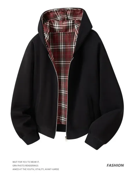 Design Zip-Up Hooded Jacket Black with Plaid Lining Outerwear - 16