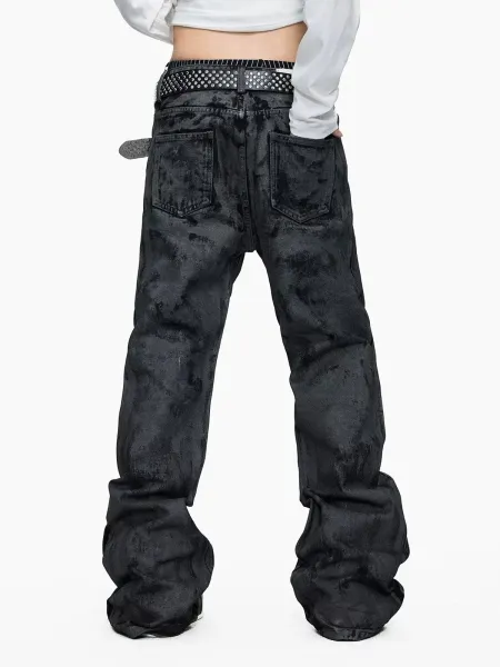 Design Acid Wash Black Wide-Leg Jeans with Studded Pentagram Belt - 4