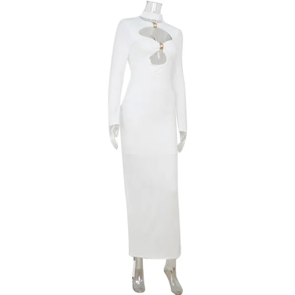 Design Cutout Neck Long Sleeve White Bodycon Dress - 12