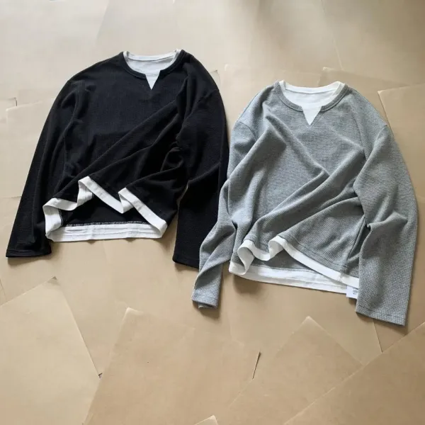Design Layered V-Neck Thermal Gray Long Sleeve Top - 12