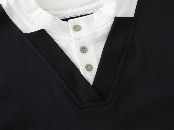 Design Layered Collar V-Neck T-Shirt Black - 18