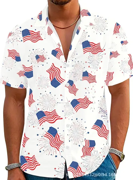 Design Patriotic Print Short-Sleeve Button-Up Shirt Navy Shirt - 8