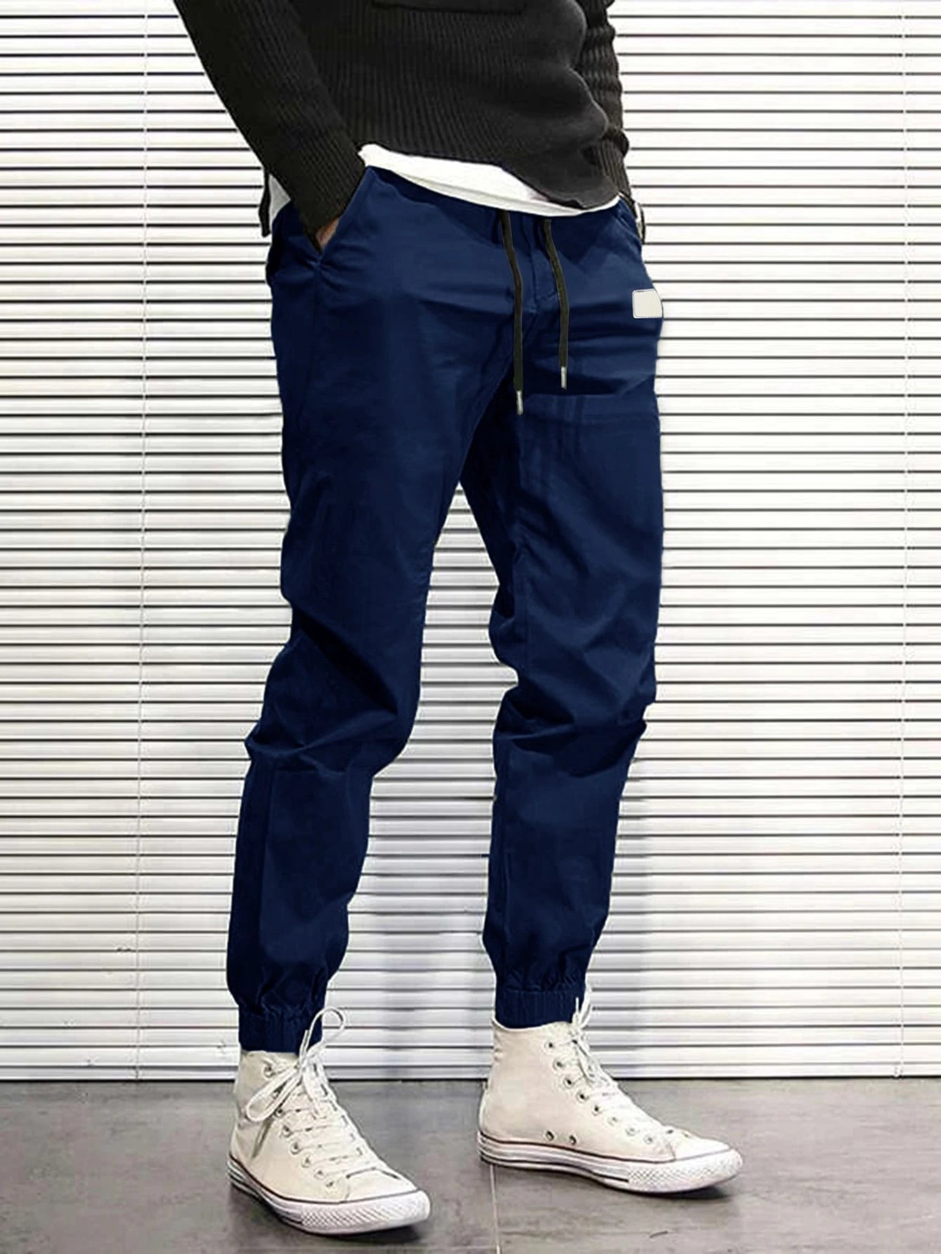 Design Jogger Pants Black with Drawstring Waist and Cuff Detail - 6