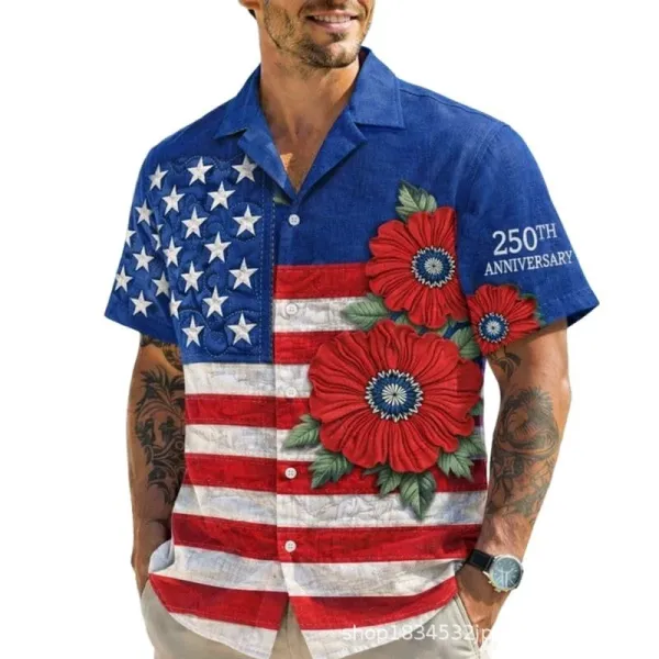 Design Patriotic Print Short-Sleeve Button-Up Shirt Navy Shirt - 9
