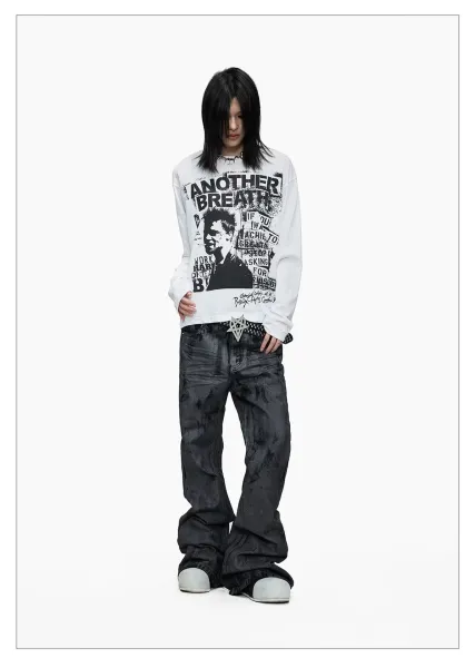 Design Acid Wash Black Wide-Leg Jeans with Studded Pentagram Belt - 10