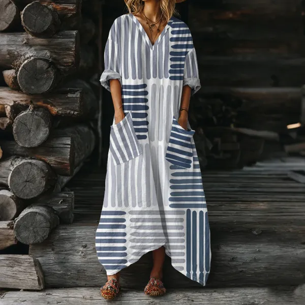 Design Abstract Stripe V-Neck Maxi Dress Blue and White - 1
