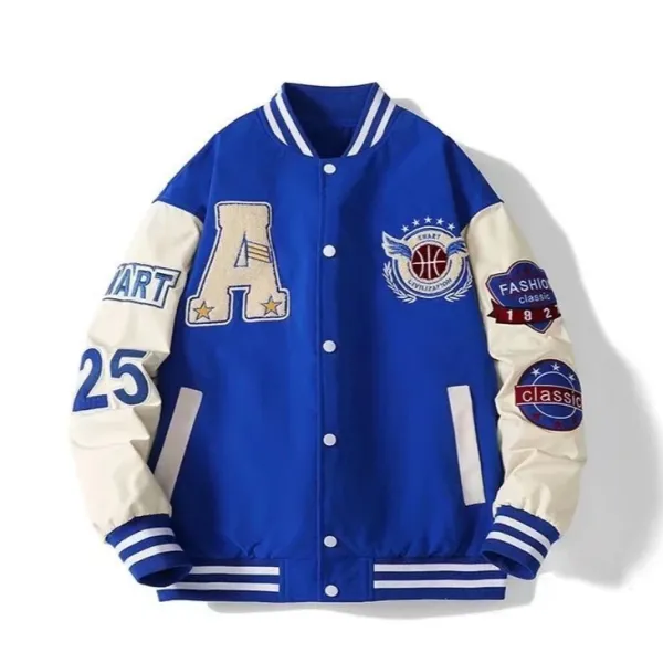 Design Varsity Jacket Blue and Beige Embroidered Letter A Basketball Patch Jacket Outerwear Jacket - 1