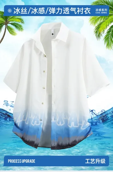 Design Oversized Short-Sleeve Button-Up Shirt with Gradient Dip-Dye Hem Tops Shirt - 2