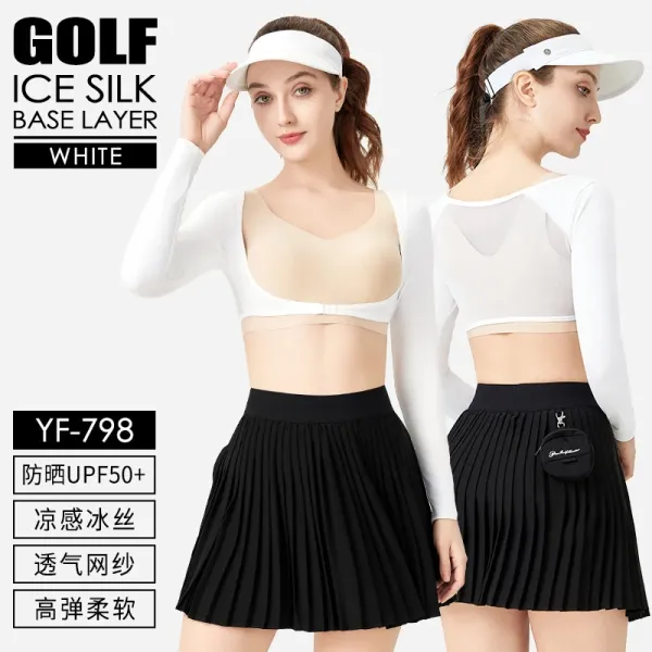 Design Golf Ice Silk Base Layer White Long Sleeve Top with Pleated Skirt Set Activewear - 1
