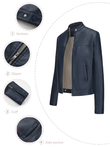 Design Faux Leather Moto Jacket Navy - 12