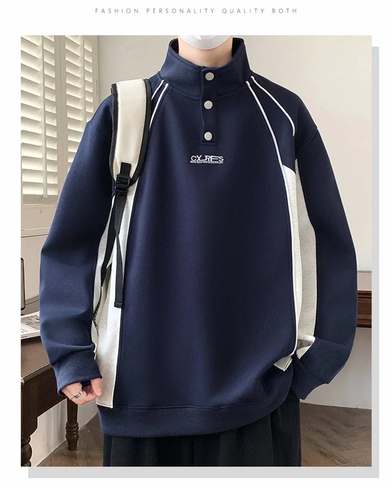 Design Color-Block Half-Zip Pullover Navy and Gray Hoodie - 14