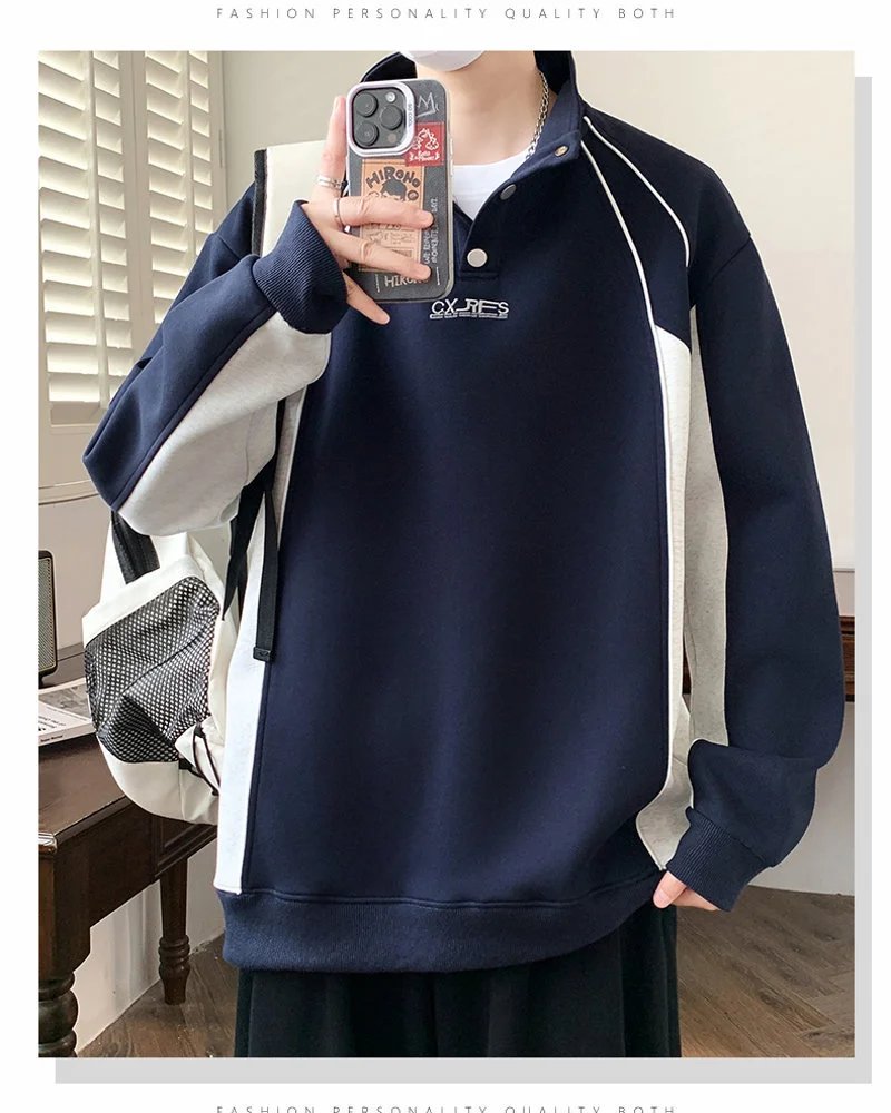 Design Color-Block Half-Zip Pullover Navy and Gray Hoodie - 15