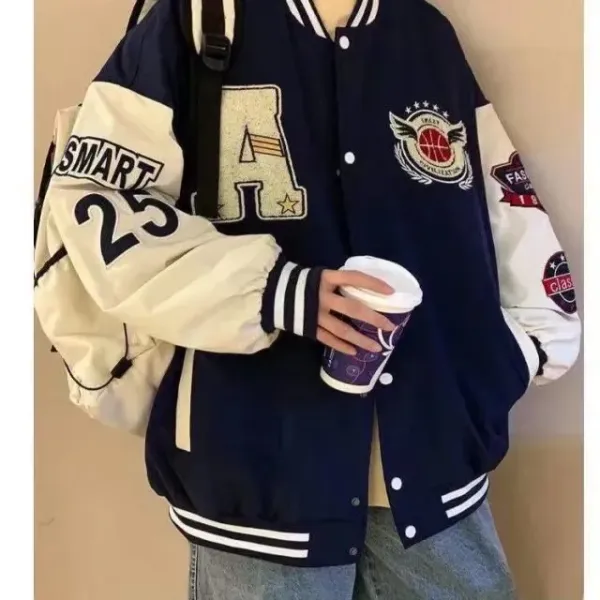 Design Varsity Jacket Navy and Cream Embroidered Letter A Basketball Patch Jacket Outerwear Jacket - 21