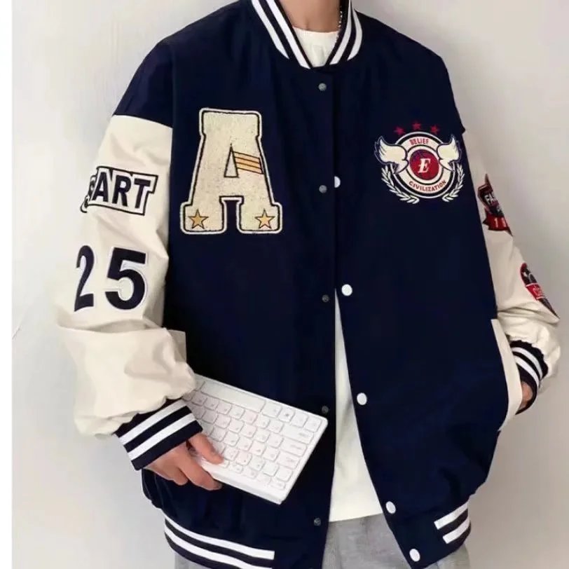 Design Varsity Jacket Navy and Cream Embroidered Letter A Basketball Patch Jacket Outerwear Jacket - 24