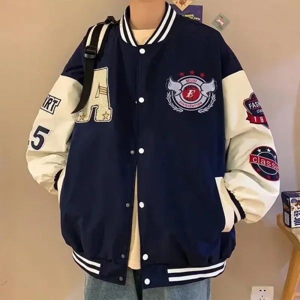 Design Varsity Jacket Navy and Cream Embroidered Letter A Basketball Patch Jacket Outerwear Jacket - 30
