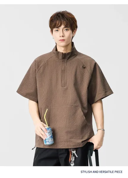 Design Waffle-Textured Half-Zip Poncho Top Brown - 15