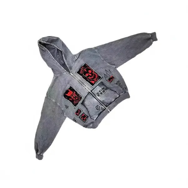 Hellstar Studios Distressed Denim Hoodie with Red Devil and Skull Patches Gray - 2