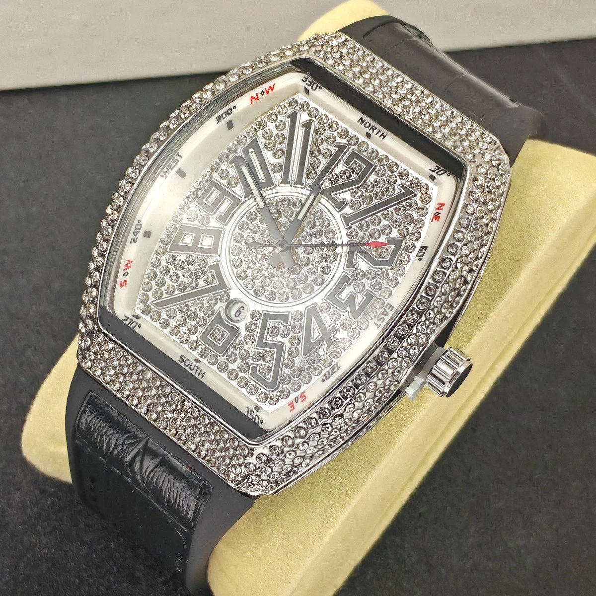 Design Luxury Chrono Diamond-Encrusted Gold Tone Watch with Blue Rubber Strap Watches - 10
