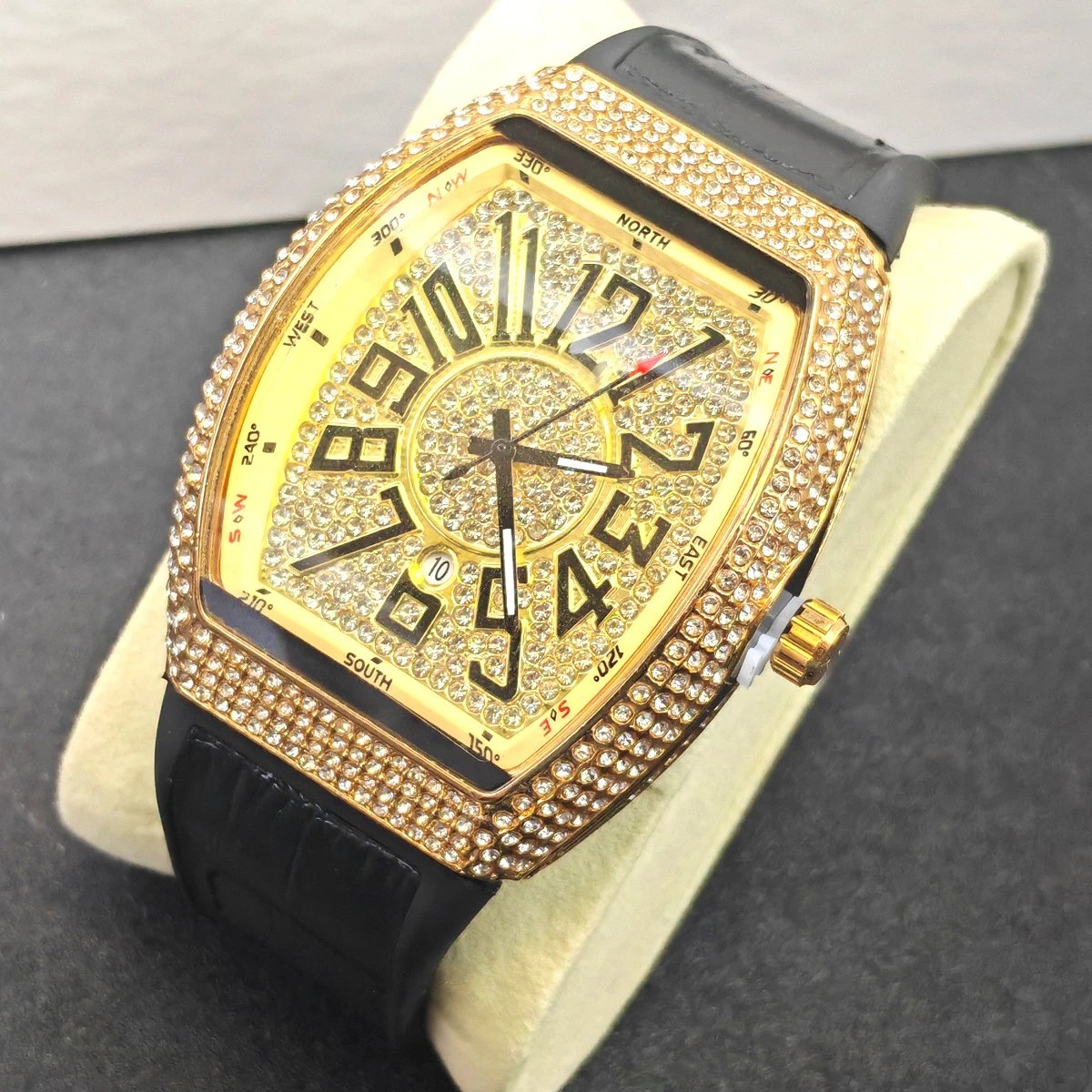 Design Luxury Chrono Diamond-Encrusted Gold Tone Watch with Blue Rubber Strap Watches - 9