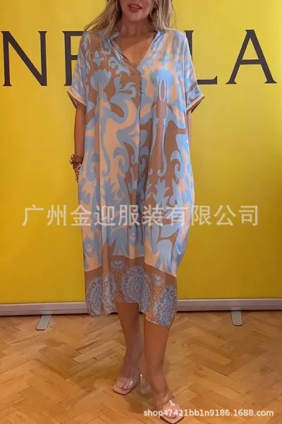 Design Printed V-Neck Midi Dress Blue Pink Multicolor - 12