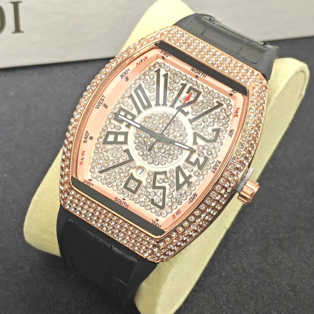 Design Luxury Chrono Diamond-Encrusted Gold Tone Watch with Blue Rubber Strap Watches - 8