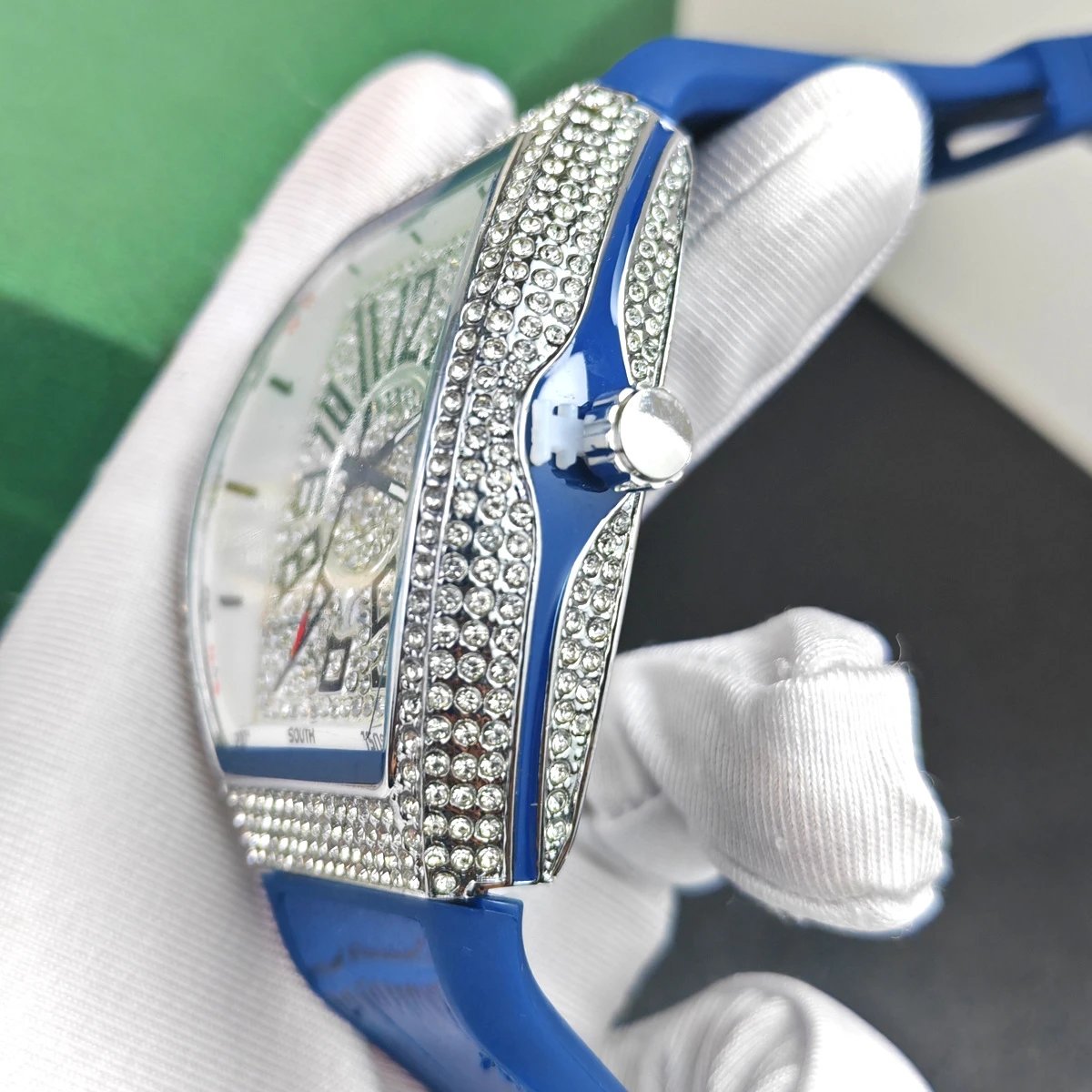 Design Luxury Chrono Diamond-Encrusted Gold Tone Watch with Blue Rubber Strap Watches - 13