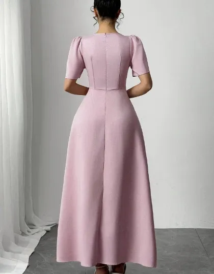 Design Square Neck Pleated Midi Dress Pink Dress Formal Dress - 9