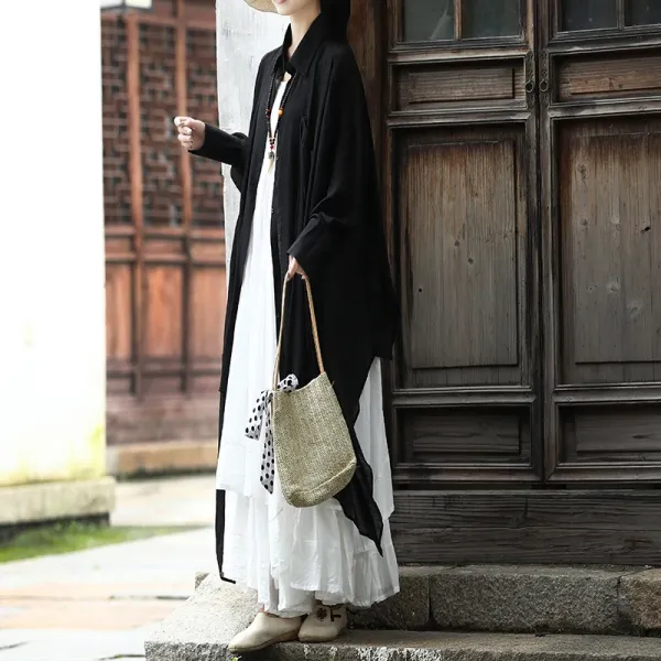 Design Oversized Linen Shirt White + Tiered Skirt Beige + Straw Hat + Woven Bag Handbag - 3