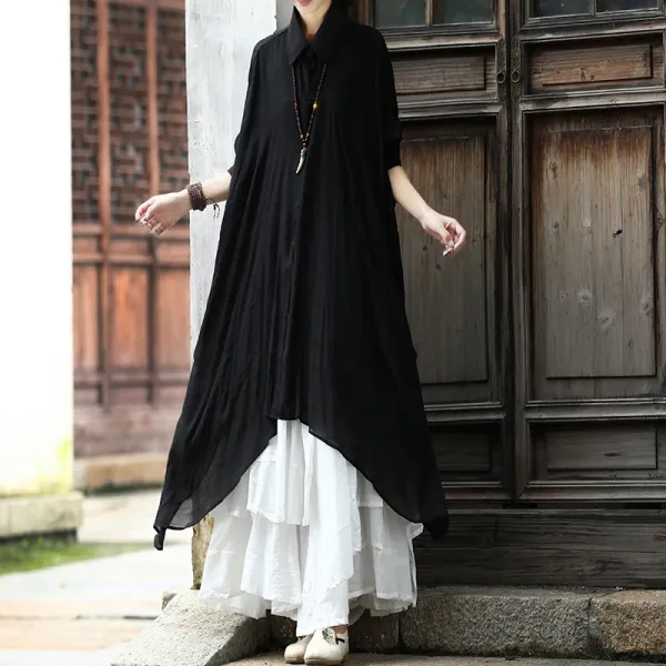 Design Oversized Linen Shirt White + Tiered Skirt Beige + Straw Hat + Woven Bag Handbag - 4