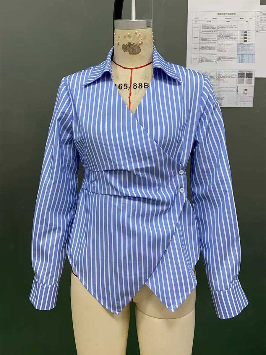 Design Striped Asymmetrical Wrap Shirt Black and White Tops Shirt - 5