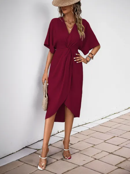 Design Wrap Front V-Neck Midi Dress Burgundy - 19