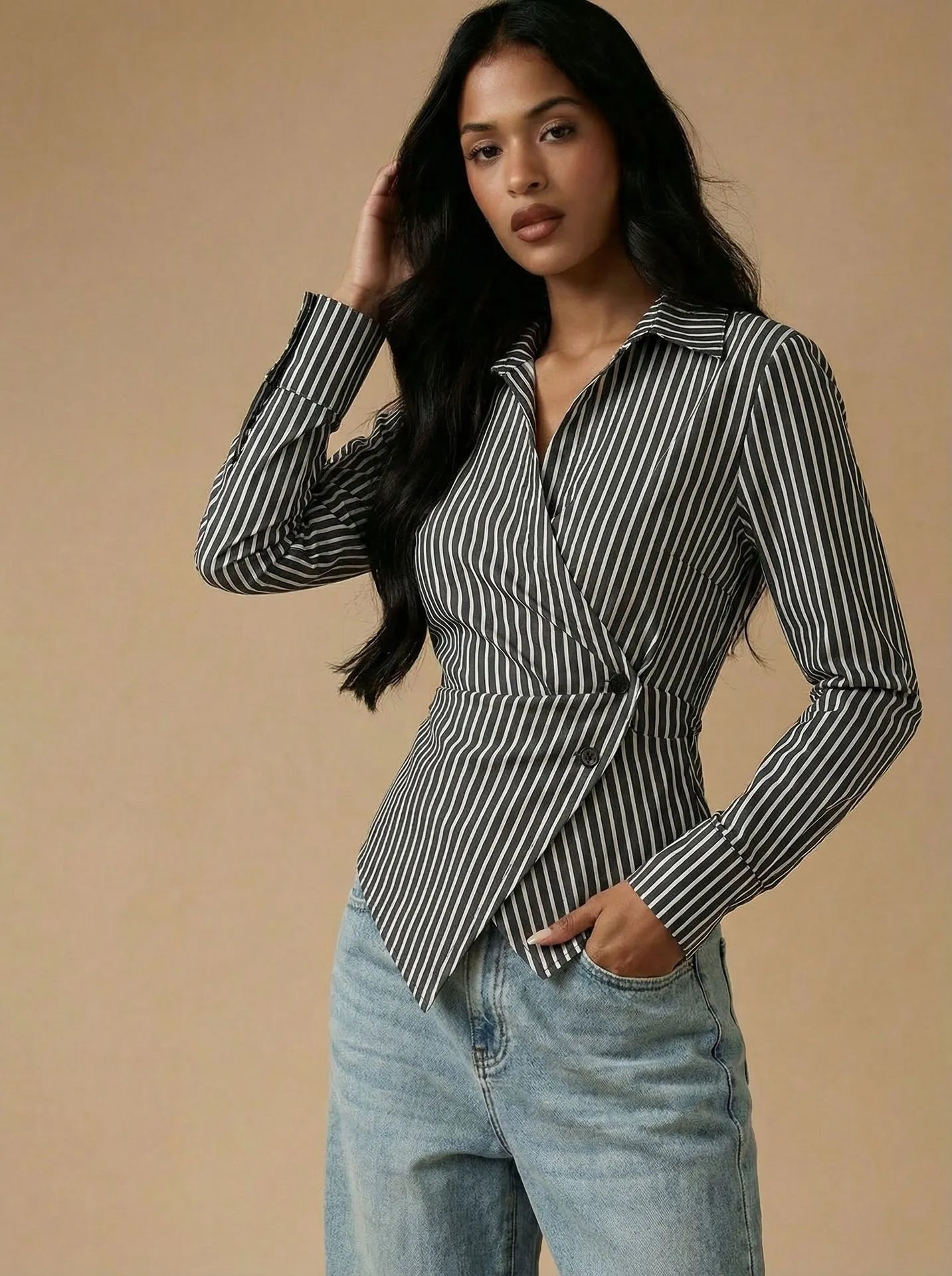 Design Striped Asymmetrical Wrap Shirt Black and White Tops Shirt - 8