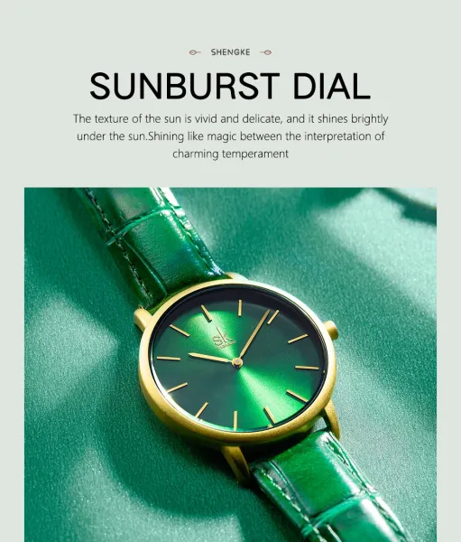 Design Shengke Minimalist Green Dial Gold Case Leather Strap Watch Watches - 7