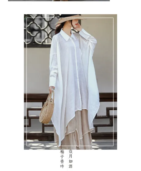 Design Oversized Linen Shirt White + Tiered Skirt Beige + Straw Hat + Woven Bag Handbag - 13