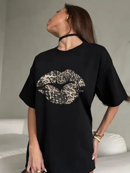 Design Leopard Print Lips Graphic Oversized T-Shirt Gray T-Shirts - 19